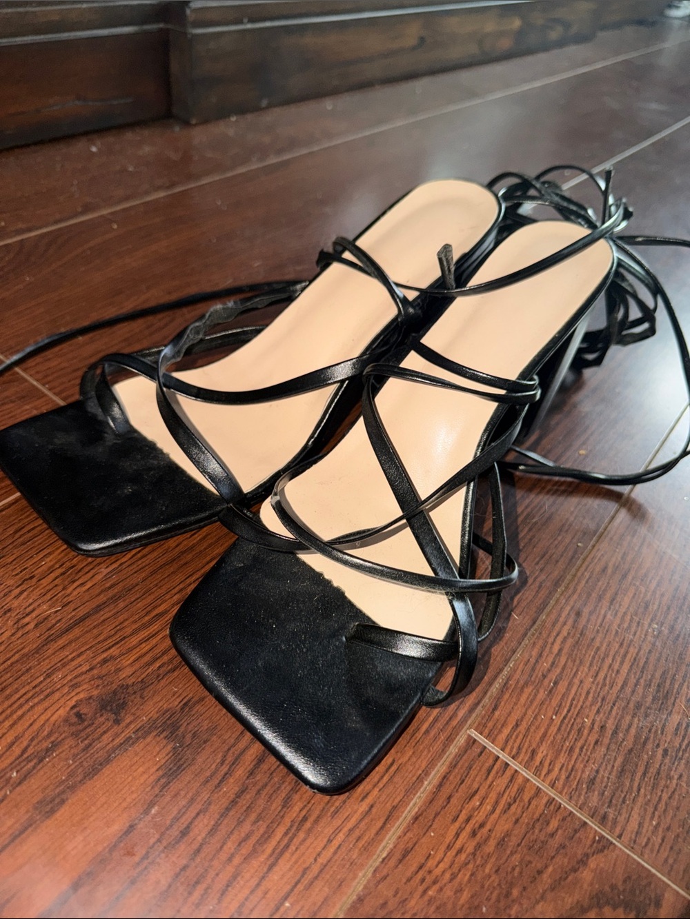 Black Lace-Up Square Toe Heels for Women